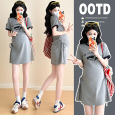 批发实拍~夏季新款撞色孕妇装抽绳显瘦中长款短袖T恤孕妇连衣裙