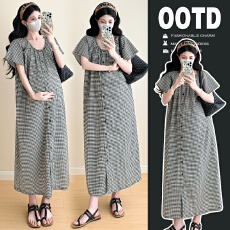 批发实拍2025孕妇装夏季新品宽松气质格子潮妈网红短袖孕妇连衣裙