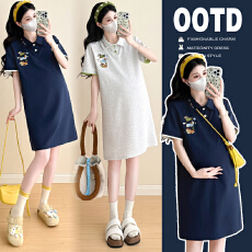 批发实拍2025夏季新款显瘦重工刺绣包扣中长款孕妇时尚翻领连衣裙