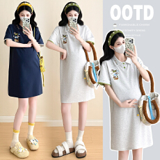 批发实拍2025夏季新款潮妈重工刺绣短袖中长款孕妇时尚翻领连衣裙