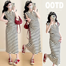 批发实拍~夏季孕妇装新品条纹polo领无袖连衣裙系休闲孕妇长裙