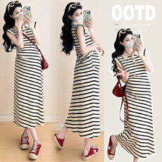 批发实拍2025夏季新品孕妇装条纹翻领无袖休闲孕妇连衣裙长裙