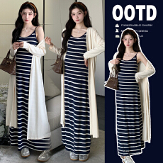 批发新品2025秋季慵懒风套装条纹吊带针织两面穿裙防晒开衫两件套