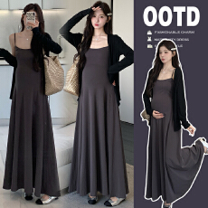 批发实拍 2025秋冬慵懒风长款长袖开衫+吊带裙两件套孕妇装