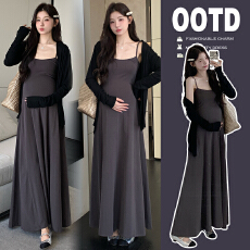 批发实拍2025秋季新品慵懒风长袖开衫+辣妈吊带裙孕妇装两件套