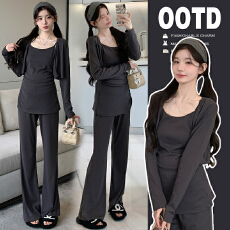 批发实拍~秋季新品孕妇辣妈针织显瘦吊带上衣开衫喇叭裤三件套