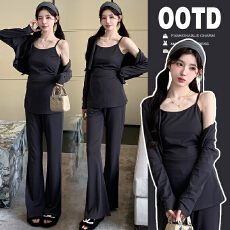 批发实拍2025秋季新品孕妇辣妈针织显瘦吊带上衣开衫喇叭裤三件套