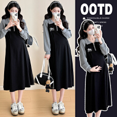 批发实拍2025孕妇装秋冬新款潮妈时尚长袖拼接刺绣孕妇长款连衣裙