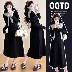 批发实拍2025秋季新品潮妈气质长袖撞色假两件披肩针织孕妇连衣裙6235