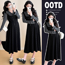 批发实拍2025秋季孕妇装新款复古假两件长袖针织孕妇连衣裙6236长裙子