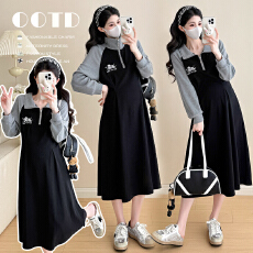 批发实拍~孕妇秋冬新款2025潮妈时尚长袖拼接刺绣孕妇长款连衣裙6233