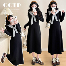 批发实拍~秋季新品2025潮妈气质长袖假两件披肩针织孕妇连衣裙6235