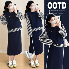 批发实拍2025孕妇装秋季条纹T恤马甲半身裙套装孕妇减龄三件套6255#