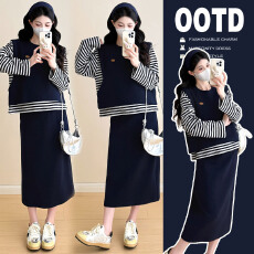 批发实拍~孕妇装秋季新品条纹T恤马甲半身裙套装孕妇减龄三件套6255