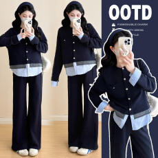 批发实拍2025孕妇秋冬新品韩系高级松弛感假两件上衣阔腿裤两件套6256