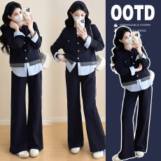 批发实拍~孕妇秋冬新品韩系高级休闲假两件上衣阔腿裤孕妇两件套6256