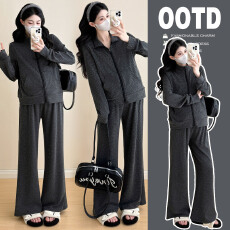 批发实拍2025孕妇秋冬新款潮妈条纹长袖外套长裤休闲孕妇两件套装6257