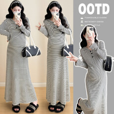 批发实拍2025秋冬孕妇新款韩版条纹长袖连衣裙宽松孕妇秋季连衣裙6258