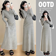 批发实拍~秋冬孕妇新款休闲条纹长袖连衣裙宽松孕妇秋季连衣裙6258