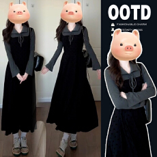 批发实拍有货~秋季孕妇装新款2025复古假两件长袖针织孕妇连衣裙6236