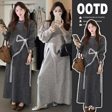 批发有货新品~2025孕妇秋冬新款韩版时尚蝴蝶结上衣+半身裙针织套装