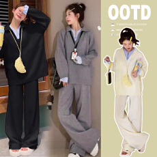 批发有货2025新品孕妇秋冬衬衣拼接时尚毛衣休闲长裤时尚显瘦孕妇套装