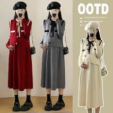 批发实拍有货2025孕妇新品秋冬时尚气质小香风毛衣+长袖连衣裙两件套