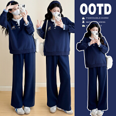 批发实拍有货2025秋冬新品孕妇慵懒风藏青色卫衣宽松休闲孕妇两件套装