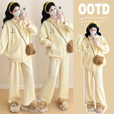 批发实拍有货2025秋冬新品孕妇宽松长袖卫衣+长裤纯色绣花休闲两件套