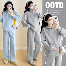 批发实拍有货2025秋冬孕妇新款翻领卡通时尚长袖上衣休闲裤孕妇两件套