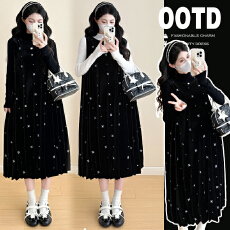 批发实拍 2025年秋季新款孕妇装绣花连衣裙遮肉显瘦赫本风A字裙两件套