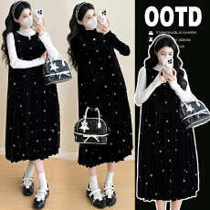 批发实拍2025秋季新款孕妇装绣花连衣裙+打底衫遮肉显瘦A字裙两件套