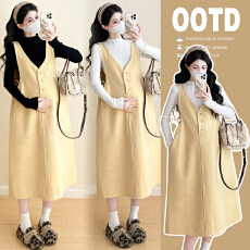 批发实拍2025秋冬新款孕妇毛呢连衣裙休闲辣妈背带裙+打底衫孕妇套装