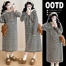 批发实拍2025秋冬孕妇装新款宽松显瘦减龄条纹中长款针织孕妇连衣裙