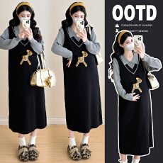 批发实拍2025孕妇连衣裙秋冬新款时尚翻领提花绣花假两件孕妇连衣裙