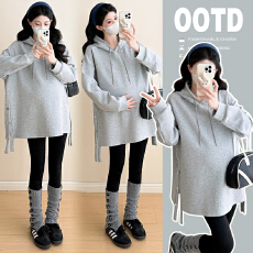 批发实拍2025新款秋冬装韩版孕妇中长款连帽卫衣女宽松套头孕妇外套