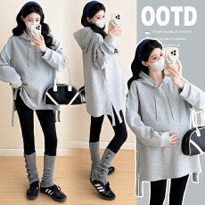 批发实拍2025新款秋冬装韩版孕妇外出中长款连帽卫衣宽松套头孕妇外套