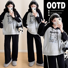 批发实拍新品2025秋冬孕妇撞色拼接显瘦连帽卫衣+休闲长裤孕妇套装