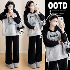 批发实拍新品2025秋冬孕妇撞色印花卡通连帽卫衣+休闲长裤孕妇套装