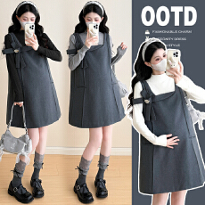 批发实拍2025孕妇秋装大码新款背心连衣裙+打底衫孕妇套装背带裙套装