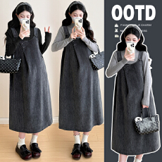 批发实拍2025孕妇装新款秋冬季打底衫毛衣+雪尼绒呢背心裙孕妇套装