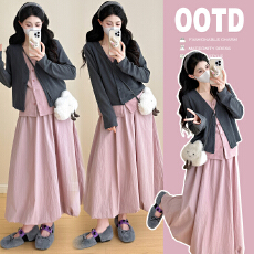 批发实拍2025孕妇秋季假两件撞色纯欲修身长袖上衣+工装花苞裙套装