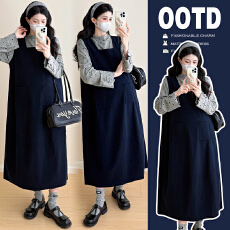 批发实拍2025秋冬新品套装韩版时尚花边T恤波点上衣+背心裙孕妇两件套