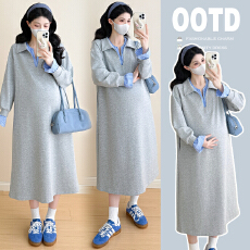 批发实拍2025<b class='q'>秋</b>冬孕妇时尚简约拼接卫衣中长款连衣裙<b class='q'>秋</b>季宽松卫衣裙