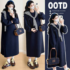 批发实拍新品2025~秋冬新款条纹披肩<b class='q'>百搭</b>气质圆领中长款孕妇连衣裙