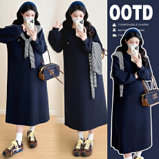 批发实拍2025新品秋冬新款条纹披肩<b class='q'>百搭</b>气质卫衣圆领中长款孕妇连衣裙