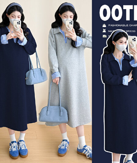 지금 화물 실사 2026 가을 겨울 새로운 임산부 패션 미니멀리즘 패치워크 긴팔 중간 길이 드레스 후드티 드레스