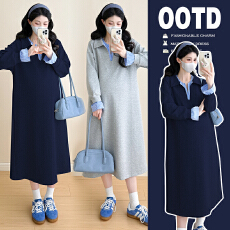 批发实拍2025<b class='q'>秋</b>冬新款孕妇时尚简约拼接长袖中长款连衣裙<b class='q'>秋</b>季卫衣裙