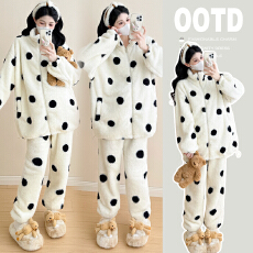 批发实拍2025冬季可爱家居服珊瑚绒加厚可外穿新款秋冬波点孕妇套装