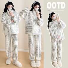 批发实拍2025秋冬新款孕妇装简约条纹睡衣外穿潮妈家居服孕妇套装6305